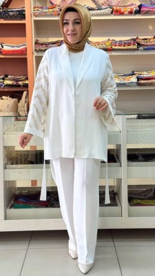 Gaze - Geniş Kol Beli Bağlamalı İçli Dışlı Pantolonlu Takım Ekru/61221
