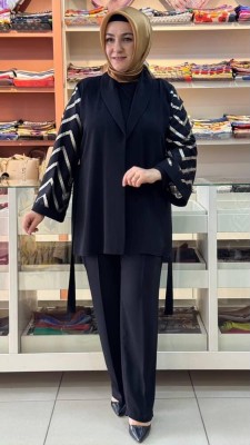 Gaze - Geniş Kol Beli Bağlamalı İçli Dışlı Pantolonlu Takım Siyah/61221