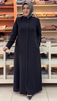 sar moda - Gizli Cep Ve Fermuar Detaylı Boncuklu Ferace Siyah/90611