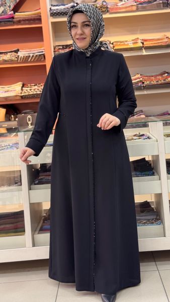 Gizli Cep Ve Fermuar Detaylı Boncuklu Ferace Siyah/90611