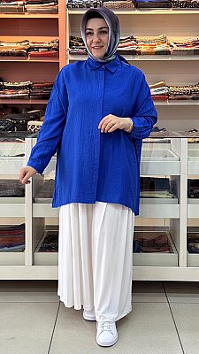 Puane - Gizli Düğmeli Basic Tunik Saks / 10754 