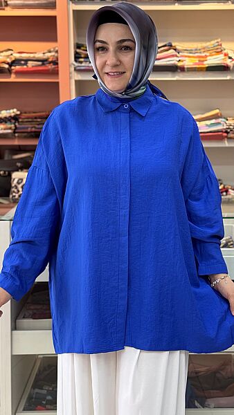 Gizli Düğmeli Basic Tunik Saks / 10754 