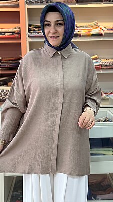 Gizli Düğmeli Basic Tunik Vizon / 10754 - Thumbnail