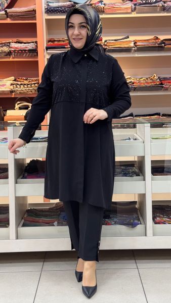 Gizli Düğmeli Önü Taşlı Tunik Siyah/60022