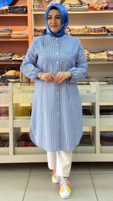 Noshe - Gofret Kumaş Çizgili Tunik Mavi/4475