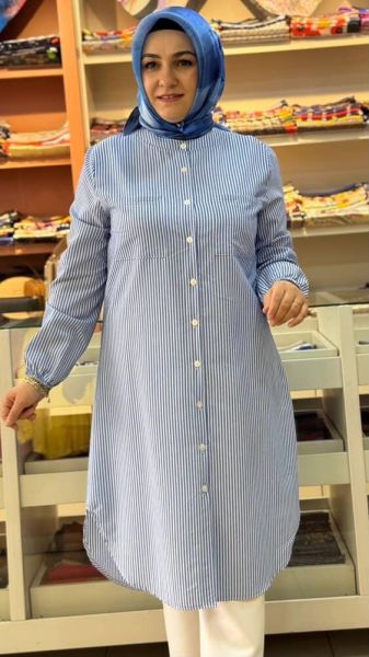 Gofret Kumaş Çizgili Tunik Mavi/4475