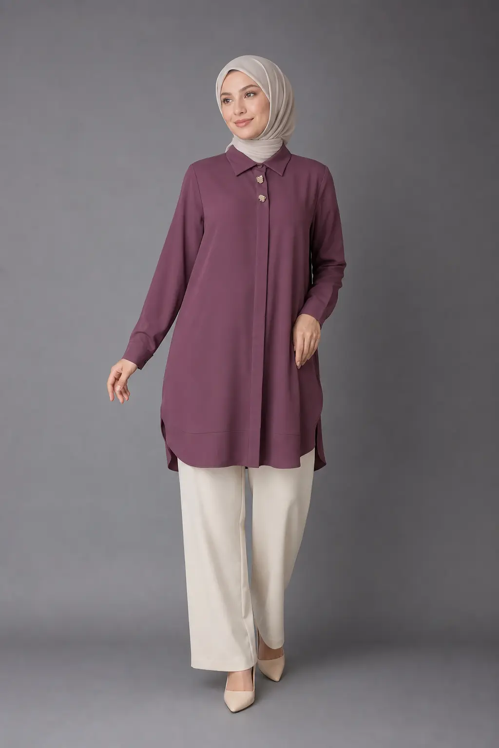 Armine Trend - Gold Düğme Detaylı Krep Tunik Mürdüm/1426