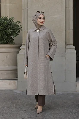 Armine Trend - Gold Düğme Detaylı Uzun Tunik Vizon/4172
