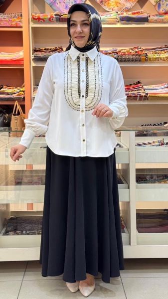 Gömleği Tül Detaylı Etekli Takım Siyah/7101