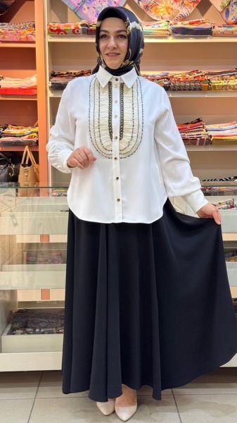 Gömleği Tül Detaylı Etekli Takım Siyah/7101