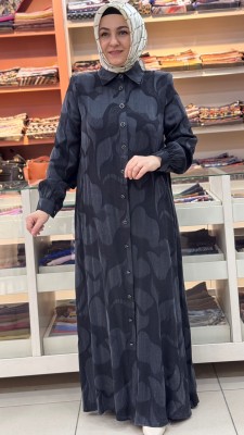 Gömlek Yaka Düğme Detaylı Cupra Elbise Siyah / 26305 - Thumbnail