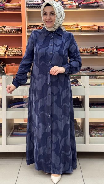 Gömlek Yaka Düğme Detaylı Cupra Elbise İndigo / 26305