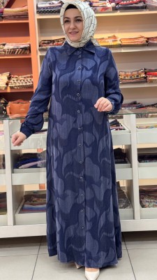 Gömlek Yaka Düğme Detaylı Cupra Elbise İndigo / 26305 - Thumbnail