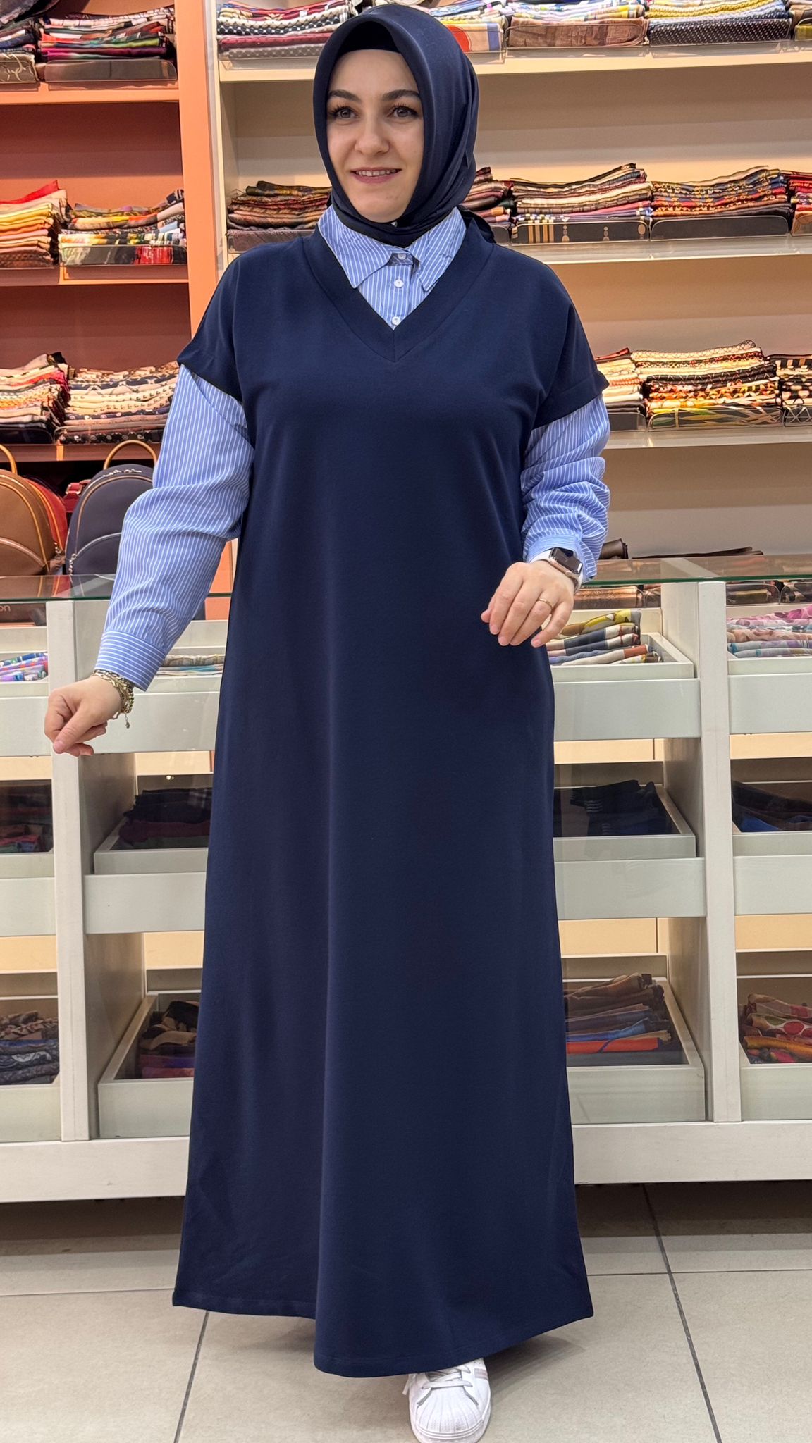 Ekru - Gömlek Yaka Elbise Lacivert/2889