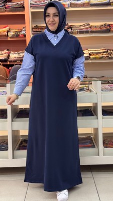Ekru - Gömlek Yaka Elbise Lacivert/2889
