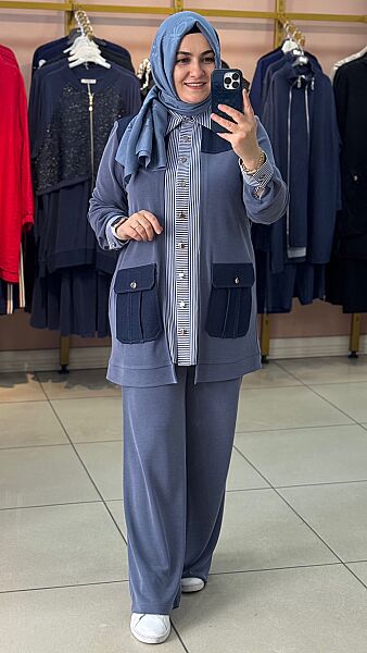 Gömlek Yaka İkili Takım İndigo/2955