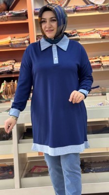 Gömlek Yaka Tunik İndigo/257268 - Thumbnail