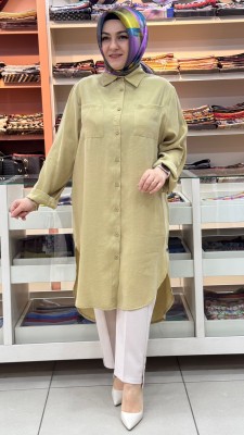 Puane - Gömlek Yaka Yırtmaçlı Uzun Tunik Fıstık Yeşili/10764