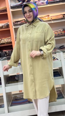 Gömlek Yaka Yırtmaçlı Uzun Tunik Fıstık Yeşili/10764 - Thumbnail