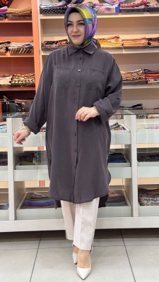 Gömlek Yaka Yırtmaçlı Uzun Tunik Acı Kahve/10764 - Thumbnail