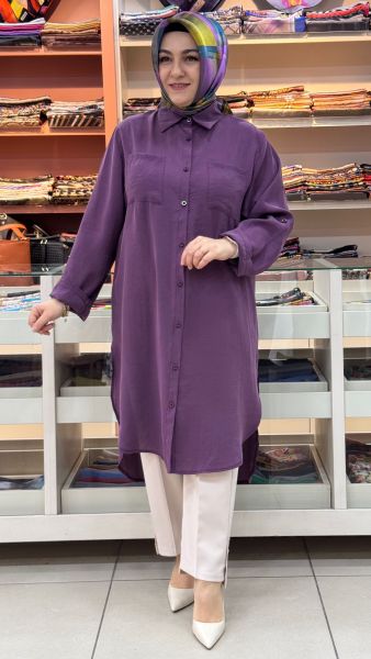 Gömlek Yaka Yırtmaçlı Uzun Tunik Mor/10764