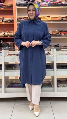 Gömlek Yaka Yırtmaçlı Uzun Tunik Lacivert/10764 - Thumbnail