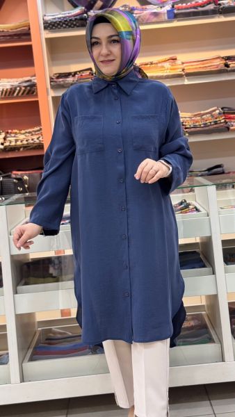 Gömlek Yaka Yırtmaçlı Uzun Tunik Lacivert/10764