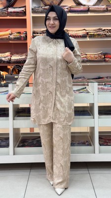 Gaze - Gül Düğmeli Jakarlı Takım Bej/6078