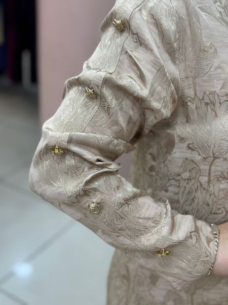 Gül Düğmeli Jakarlı Takım Bej/6078