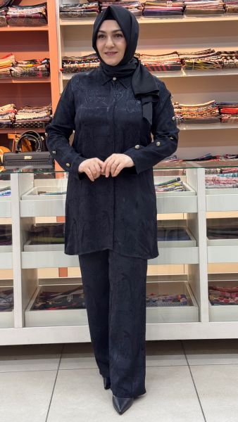 Gül Düğmeli Jakarlı Takım Siyah/6078