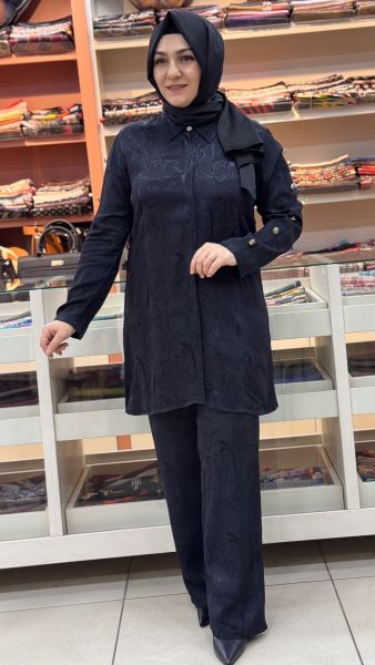 Gül Düğmeli Jakarlı Takım Siyah/6078