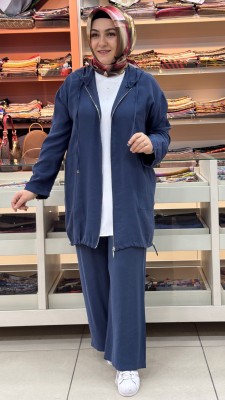 İçliği Taş Detaylı Kapşonlu Üçlü Takım Lacivert/120373 - Thumbnail