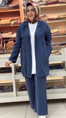 İçliği Taş Detaylı Kapşonlu Üçlü Takım Lacivert/120373 - Thumbnail