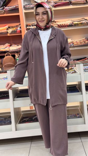 İçliği Taş Detaylı Kapşonlu Üçlü Takım Kahverengi/120373