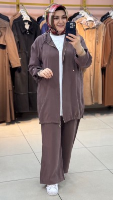 İçliği Taş Detaylı Kapşonlu Üçlü Takım Kahverengi/120373 - Thumbnail