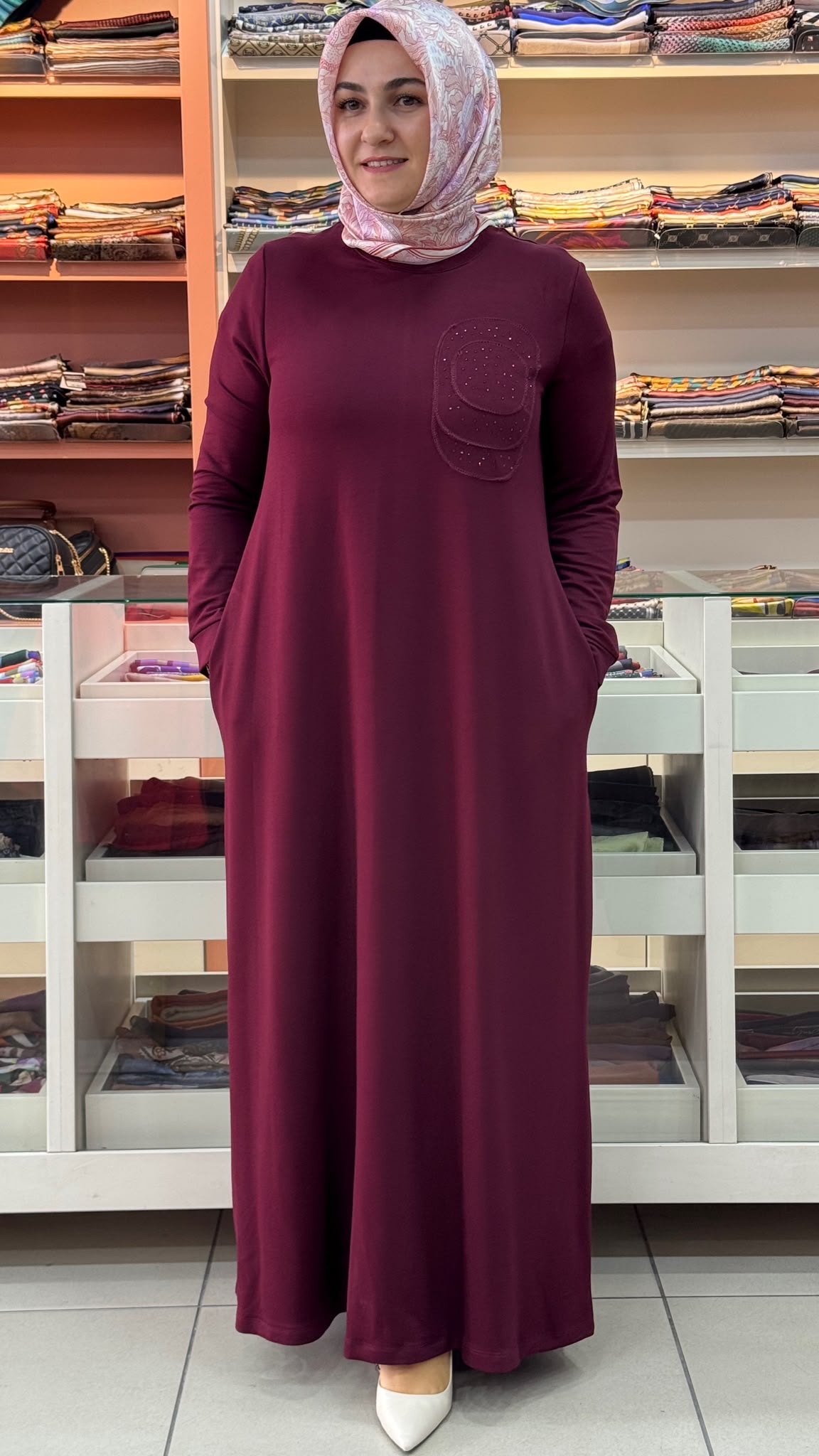 Kado - İki İplik Cepli Penye Elbise Bordo / 268256