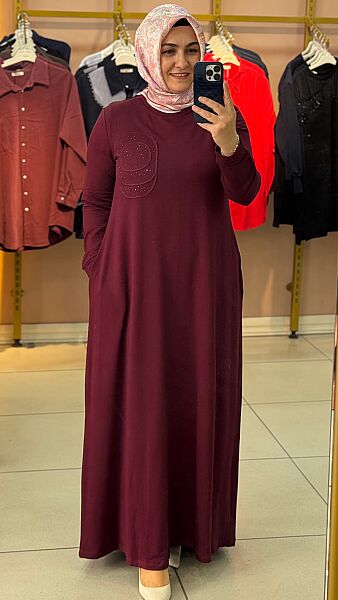 İki İplik Cepli Penye Elbise Bordo / 268256