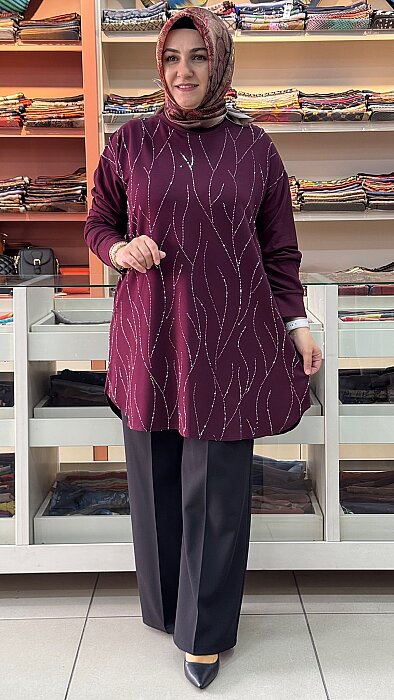 İZEL - İkra Taşlı Battal Tunik Bordo /14401 