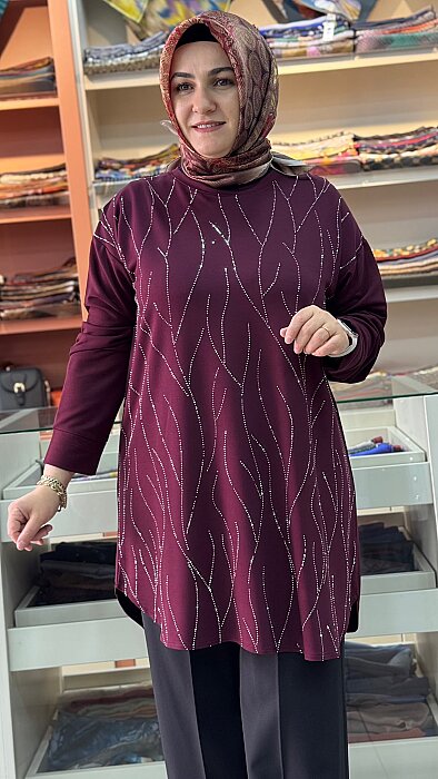 İkra Taşlı Battal Tunik Bordo /14401 - Thumbnail