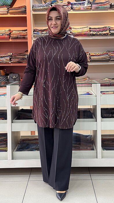 İZEL - İkra Taşlı Battal Tunik Kahve/14401