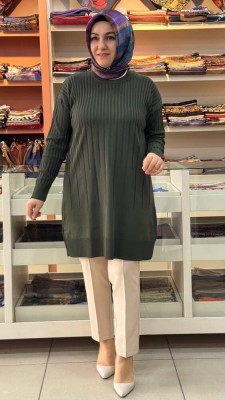  - İnce Çizgili Merserize Triko Tunik Haki/1825