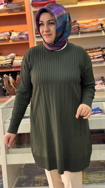İnce Çizgili Merserize Triko Tunik Haki/1825