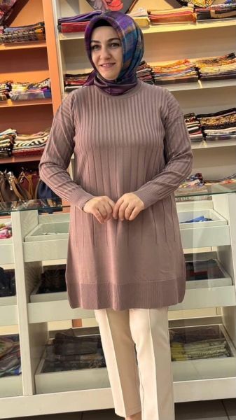 İnce Çizgili Merserize Triko Tunik Pudra/1825