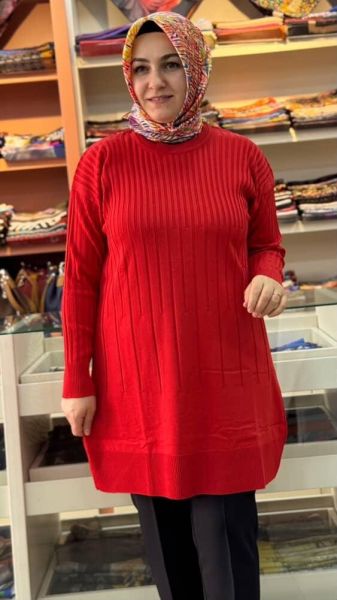 İnce Çizgili Merserize Triko Tunik Mercan/1825