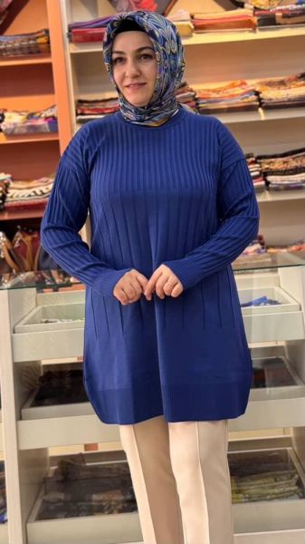İnce Çizgili Merserize Triko Tunik Saks/1825