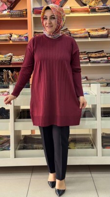  - İnce Çizgili Merserize Triko Tunik Bordo/1825