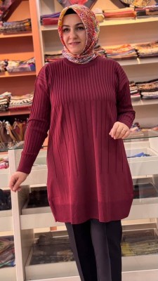 İnce Çizgili Merserize Triko Tunik Bordo/1825 - Thumbnail