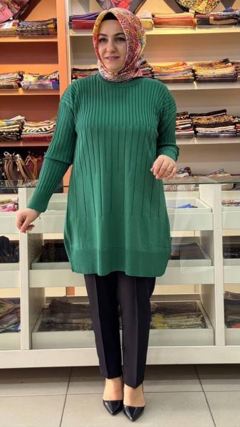 İnce Çizgili Merserize Triko Tunik Benetton Yeşili /1825