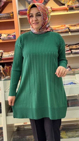İnce Çizgili Merserize Triko Tunik Benetton Yeşili /1825