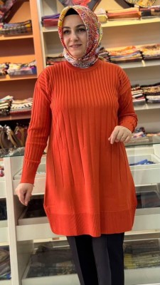 İnce Çizgili Merserize Triko Tunik Turuncu/1825 - Thumbnail